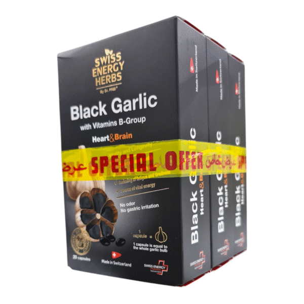 Offer 2+1 Swiss Energy Herbs Black Garlic With Vitamins B-Group Heart & Brain 20 Capsules